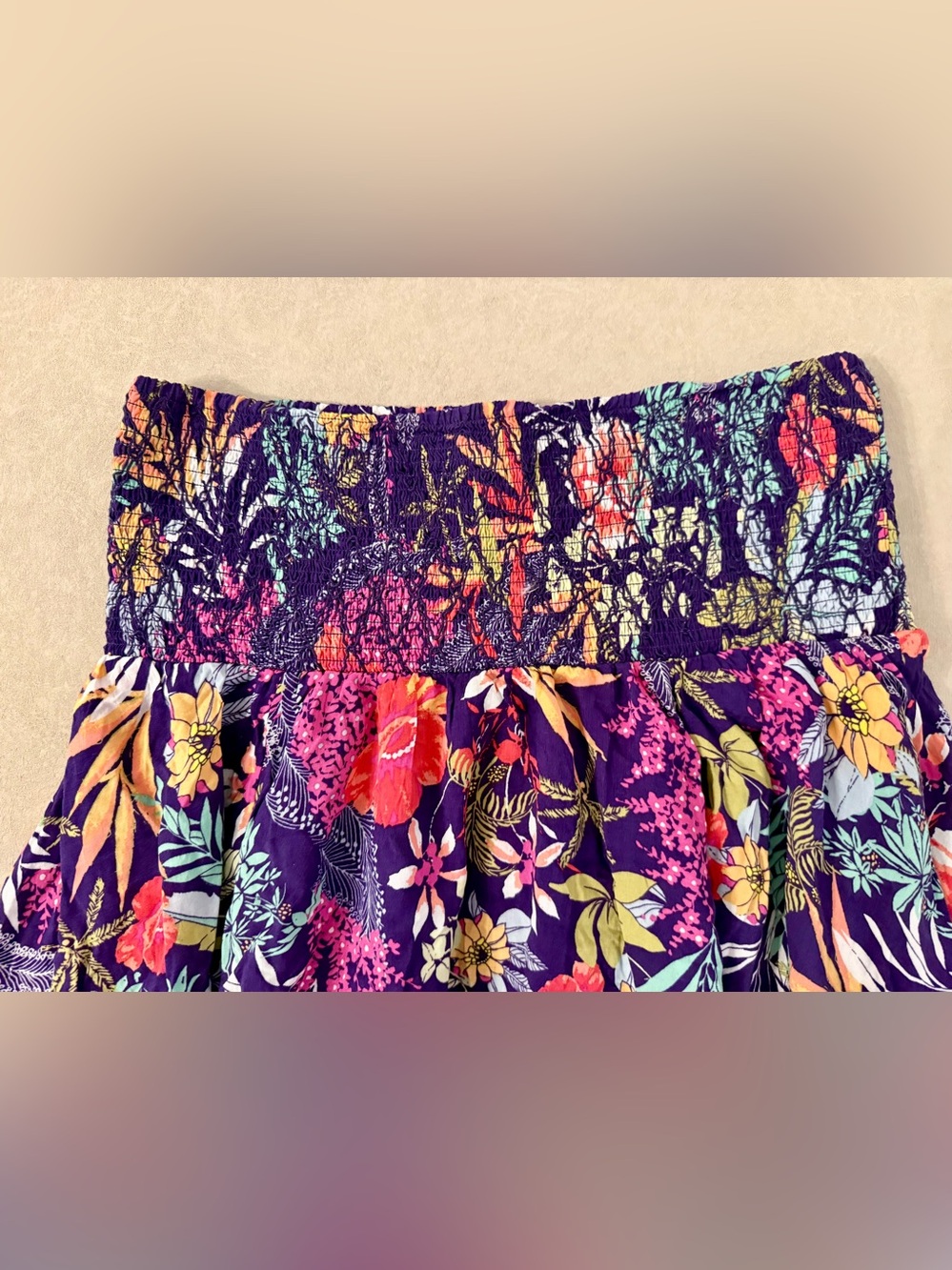 Free People Purple Floral Handkerchief Hem Smocked Asymmetrical Cotton Skirt M - Picture 6 of 17